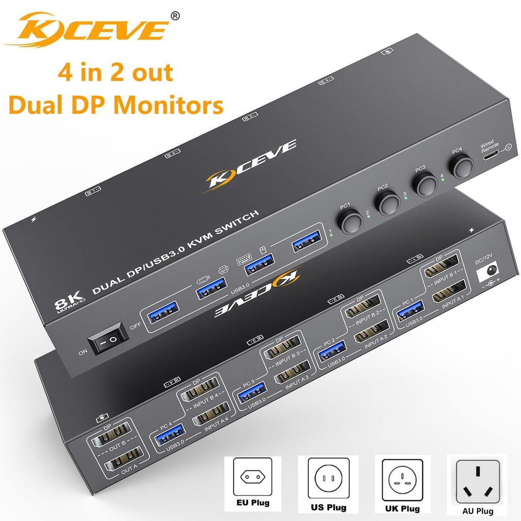 8K DisplayPort KVM Switch 2 Monitor 4 Computer,KCEVE Dual Monitor KVM Switch DP USB3.0,Support