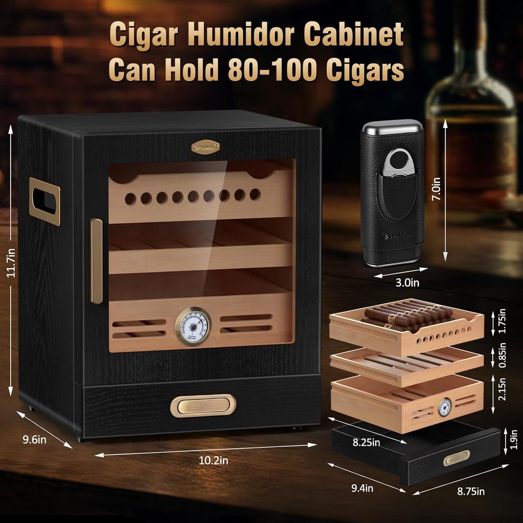Cigar Humidor Cabinet, Spanish Cedar Wood Drawer, Precision Hygrometer, 2 Humidifiers and Cigar