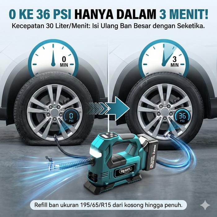 Reaim Pompa Angin Portable Mobil Motor Baterai Lithium Kompresor Angin Ban Isi Ulang dengan Pengukur