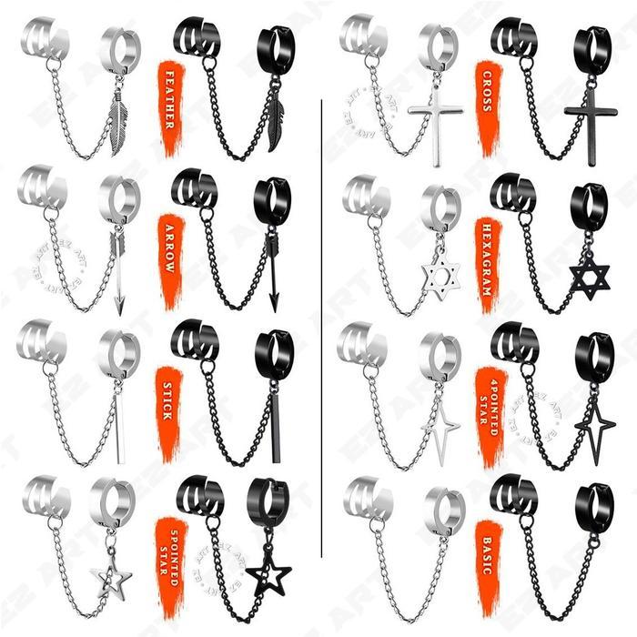 Ezr - Anting Kpop Fashion Cowok Ear Clip Sambungan Rantai Silver Hitam Jepit Tusuk Pria Wanita Bts