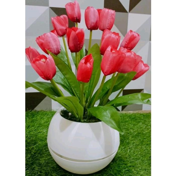 BUKET BUNGA TULIP ARTIFICIAL DENGAN POT BOLA JUMBO Dekorasi bunga Plastik - set tulip kuning