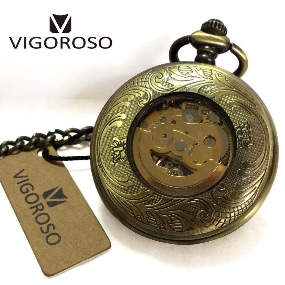 Antique Automatic Pocket Watch Mechanical Self-winding Skeleton Arabic Numerals Bronze Alloy Case