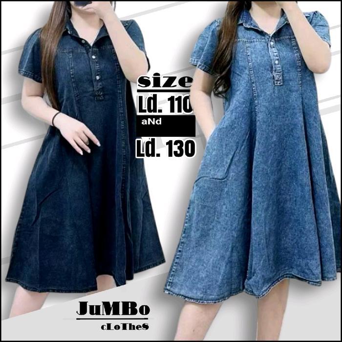 Dress Jumbo Mayung Ld 110-130 Bahan Jeans Wash Adem Blus Wanita Jumbo Nyaman Santai Casual Baju Midi