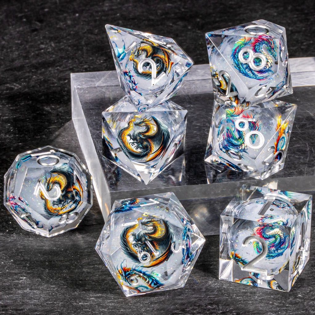 Dragon Pattern Liquid Core Dice Set DND, 7Pcs Sharp Edge Dice Set Dungeon and Dragon, Handmade Resin