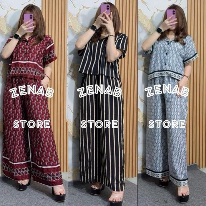 One Set Crop Setelan Celana Kulot Hightwaist Kk Kulot Kancing Rayon