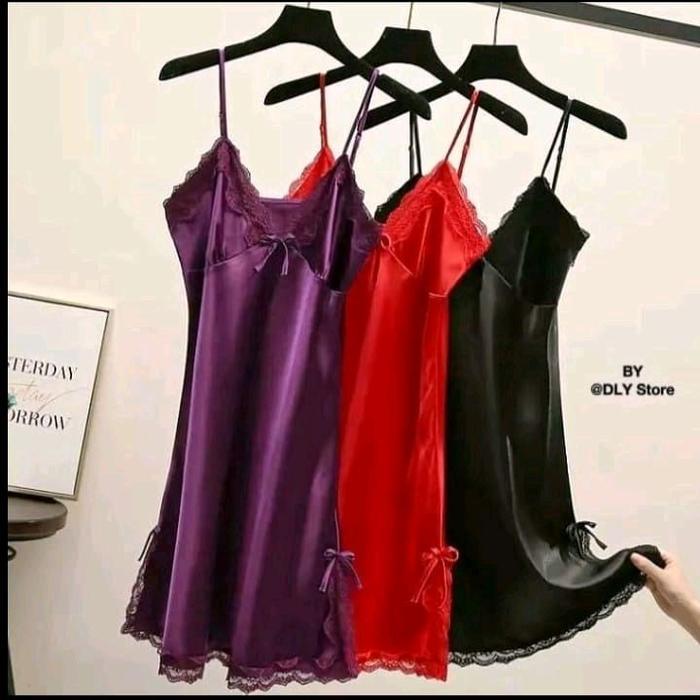 dress satin wanita renda pita bonus cd bahan kilap dan halus