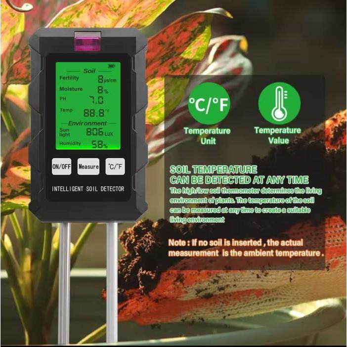 TERBAIK/// Digital 6 in 1 Soil PH Meter Kesuburan Tanah Kelembaban Intensitas Cahaya Ambient