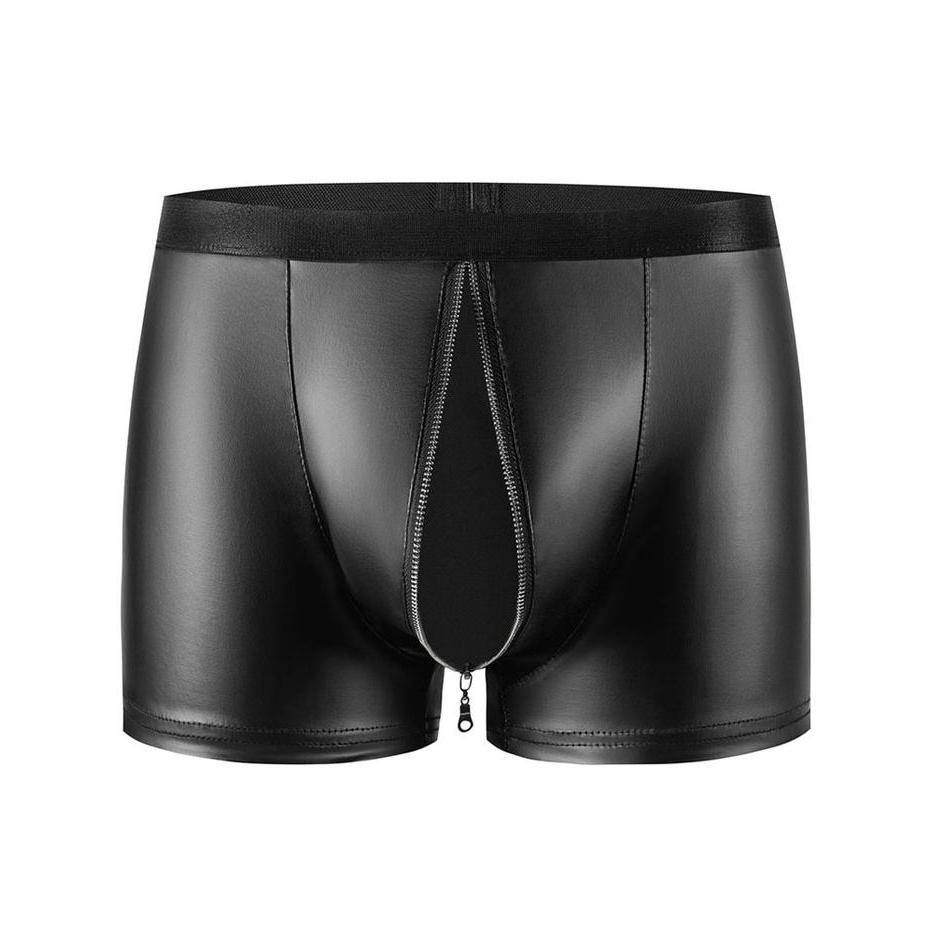 TERJAMIN Boxer Shorts Kulit Faux Zipper Open Crotch Pouch untuk Pria Model Calzoncillos Detail SKU &