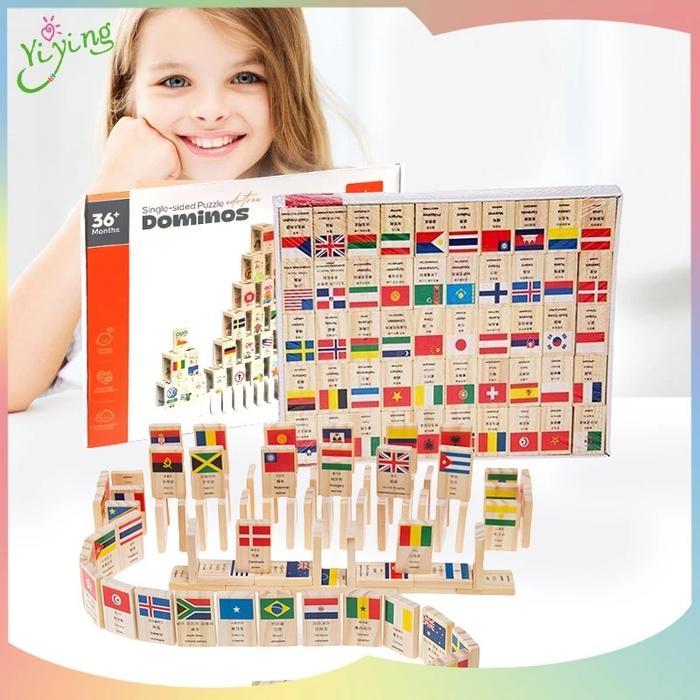 Domino Bendera Negara Kayu 100 Pcs Mainan Edukasi Anak Puzzle Bendera Dunia
