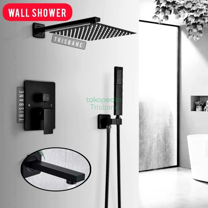 Shower Set Hitam Big Size 10 Inch Wall Shower Mandi Tanam Premium Black Keran Terlaris