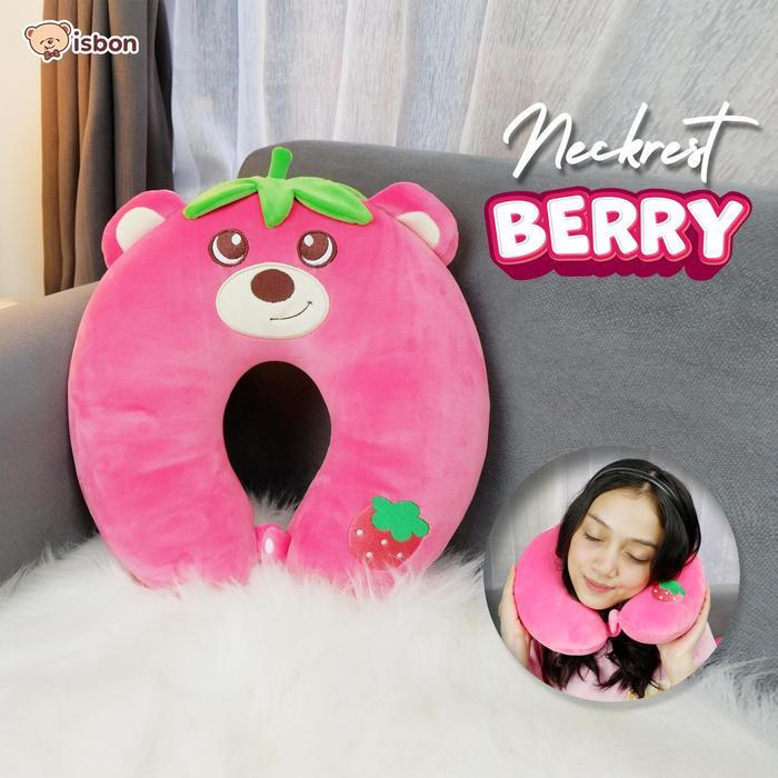 Istana Boneka Bantal Leher Dewasa Berry Beruang Pink Travel Neckrest Bordir Nyaman Untuk Traveling