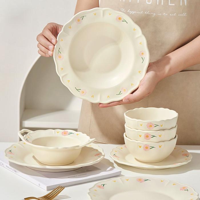 Piring Mangkok Keramik Pastel Motif Bunga Estetik ala Cafe Hotel Korea / Aesthetic Ceramic Flower
