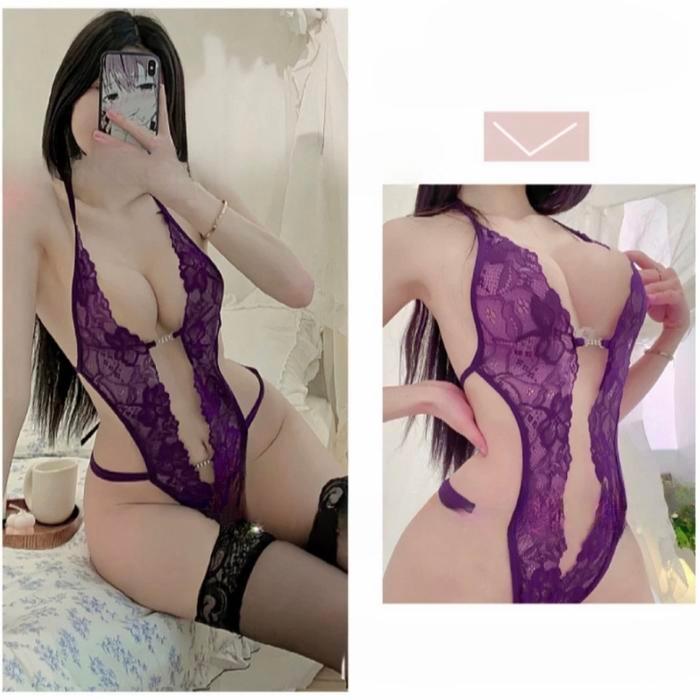 PREMIUM Lingerie Sexy hot Bodysuit Transparan Open Crotch V Renda Baju Tidur Wanita