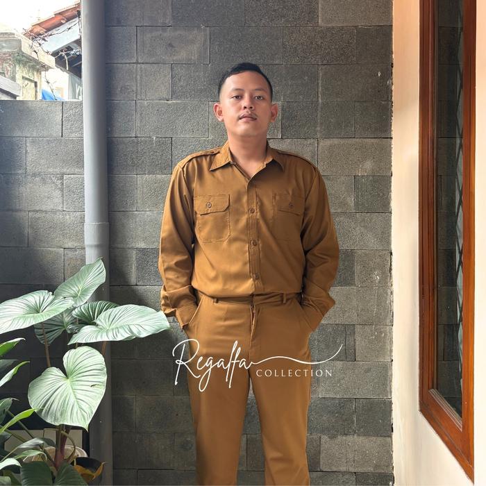 Setelan Baju Seragam Khaki PDH Pemda Pria Resmi Model Lengan Pendek Bahan Katun Dinas PNS ASN