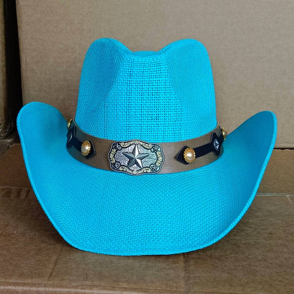 Red western cowboy hat featuring a brown hat band adorned with a studs and pendant Long-horned Ox