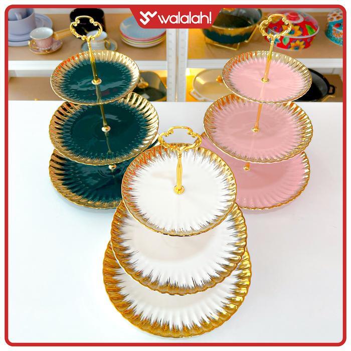Cake Tray 3 Tingkat - Fleur Cake Tray - Piring Kue 3 Tingkat Estetik - Piring Untuk Kue Dengan 3