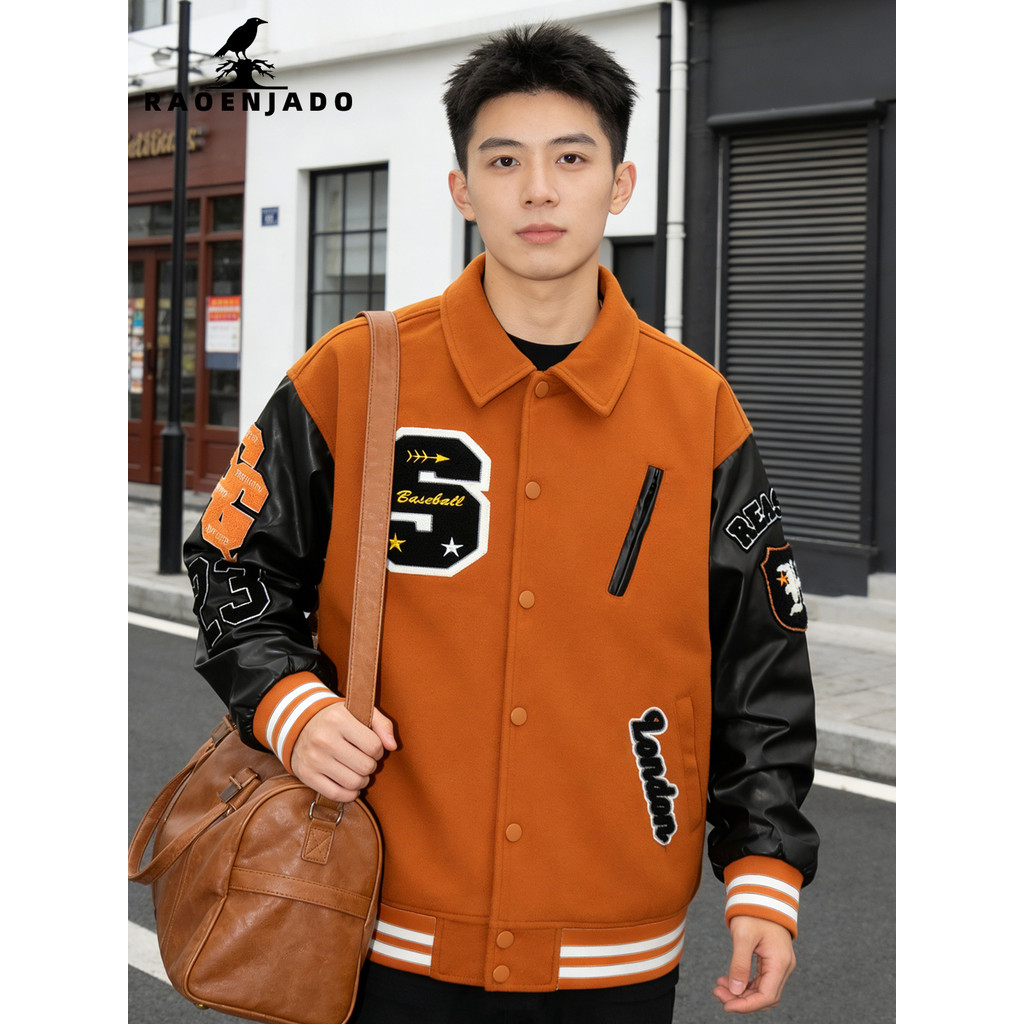 Men s Varsity Jacket Faux Leather Sleeve Vintage Motorcycle Coat Bomber Lapel Collar Spring/Autumn L