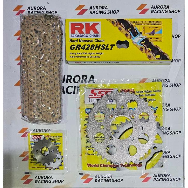 Gear Set Sss 428 Satria Fu 150 Old / Barong / Face Lift / Injeksi & Rantai Rk 428 Hslt Gold Original