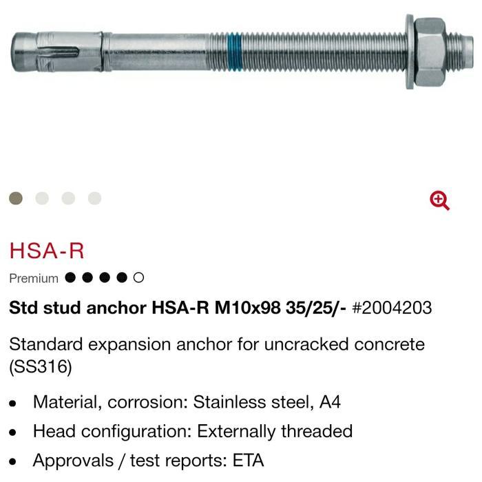 HILTI DYNABOLT TRUBOLT ANCHOR ANGKUR HSA-R M10 X 98MM STAINLESS 316