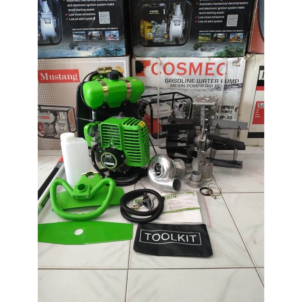 Paket (3in1)Mesin potong rumput RYU RBC 2T+Cultivator bajak sawah+Pompa WP10