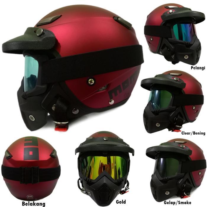 Helm Retro Jpn Momo Marun Maroon Doff Goggle Mask Topi Sni Shark Raw