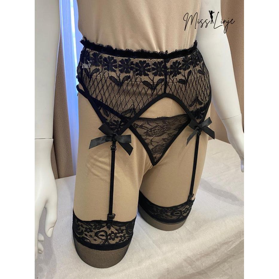 MissLinje Baju Dinas Wanita  Brenda Set Stocking Stoking Garter Belt G String  Renda Polos