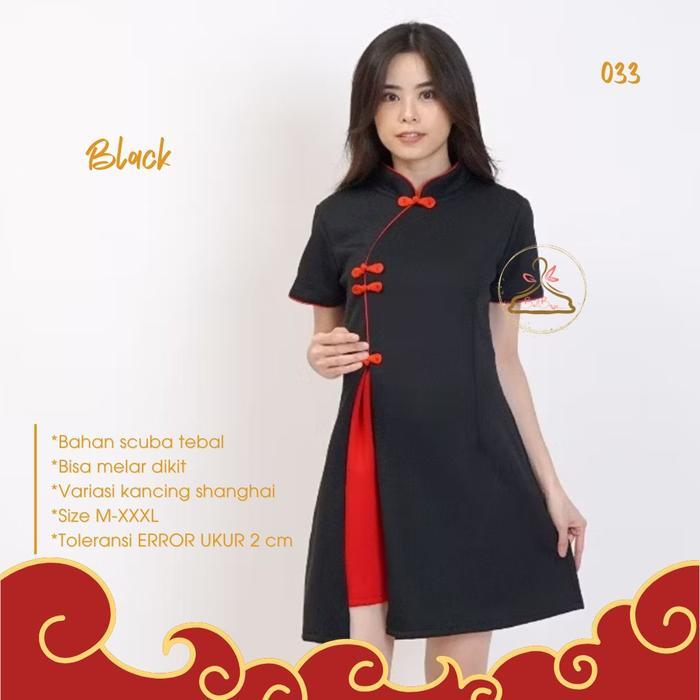 Cheongsam Wanita Scuba Dress Wanita Model Cheongsam Bahan Scuba Tebal Warna Hitam Ukuran M-L Scuba D