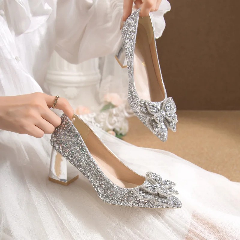 Women's Crystal High Heels Chunky Heel Korean Style Wedding Shoes Sparkling Sequin Matryoshka Dancer