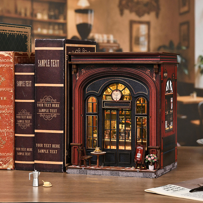 Handmade Miniature Retro Cafe Dollhouse Kit with LED Light 3D Wooden Puzzle Coffee Shop Model