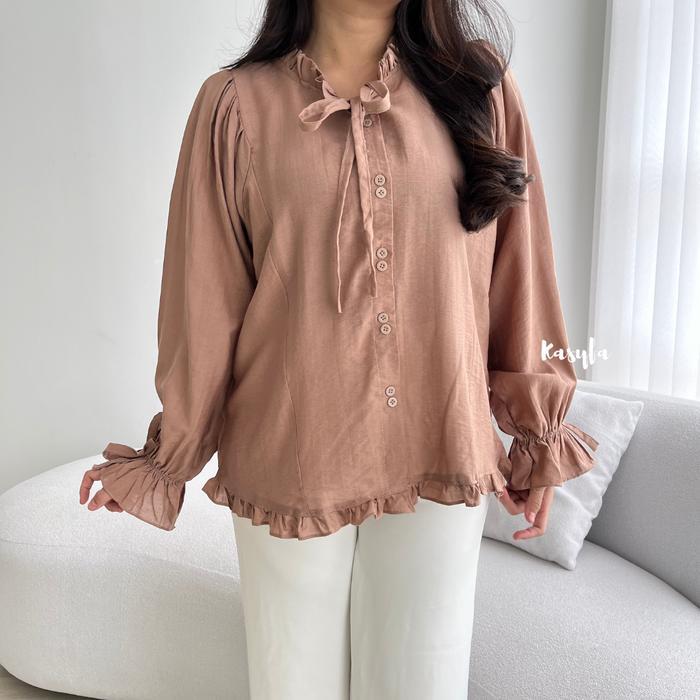 BLOUSE WANITA REMPEL ANYA ATASAN WANITA KEKINIAN BLOUSE POLO LINEN AKSEN RUFFLE BAWAH KEMEJA LENGAN