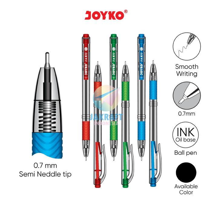 "New" (12 Pcs) Pulpen Bolpen Pen Klik JOYKO BP-255 Hitam Black 0.7 mm Murah Anti Macet Warna Warni