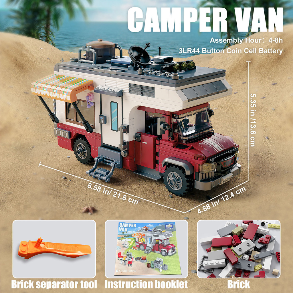 924PCS Camper Van Building Blocks Set Assembly Puzzle Bricks Model with LED Light Desktop Decoration
