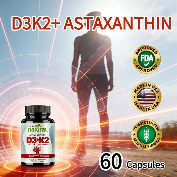 Promo D3K2+ Astaxanthin: 12Mg Astaxanthin + 25Mcg D3 + 45Mcg K2, Antioksidan Tiga Kali Lipat &