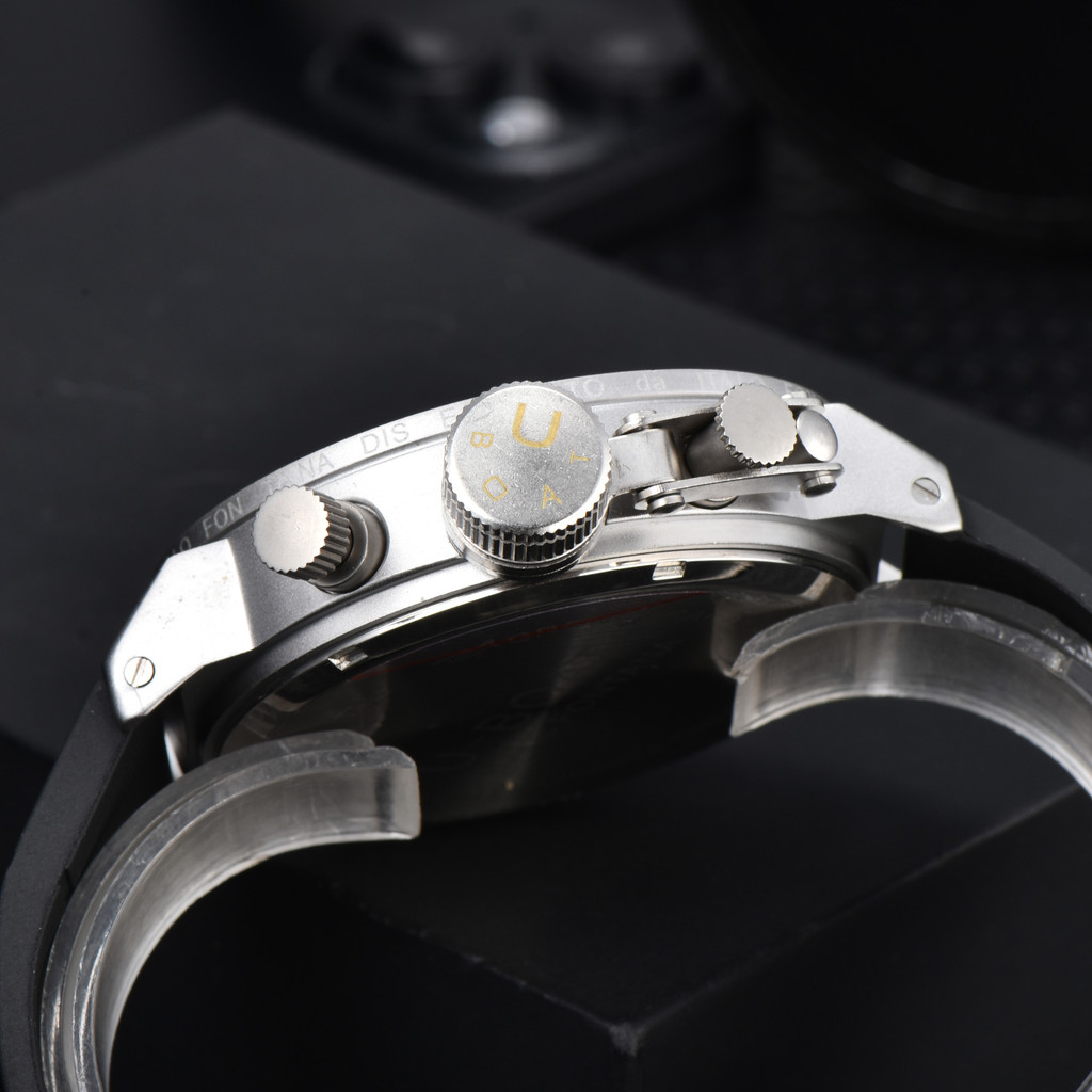 U-BOAT Men's Quartz Chronograph Watch 44mm Stainless Steel Case Silicone Band 1001M Waterproof