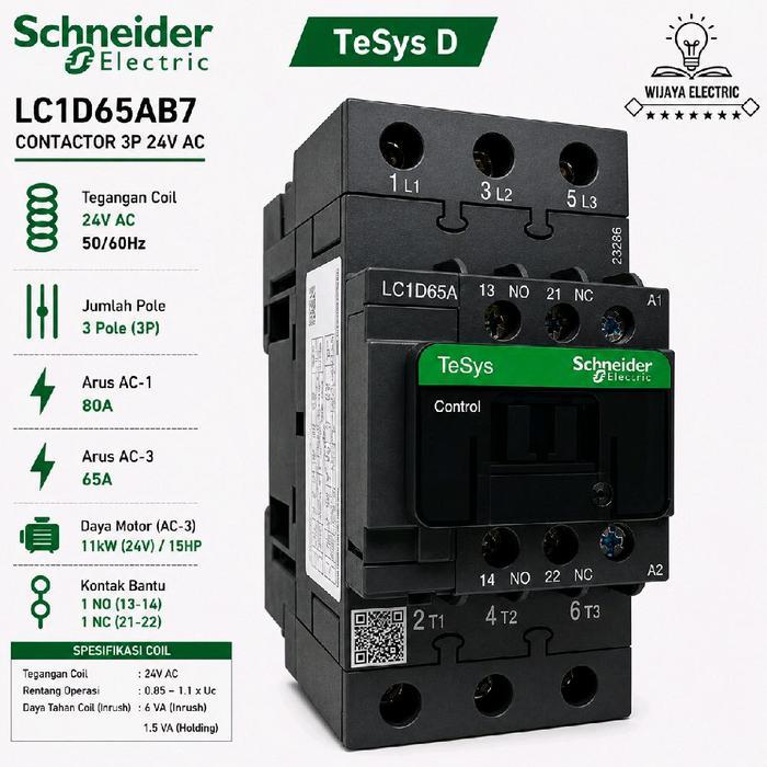 Kontaktor Schneider Lc1D65Ab7 24V 3P 80A Lc1D65 24Vac Tesys Original