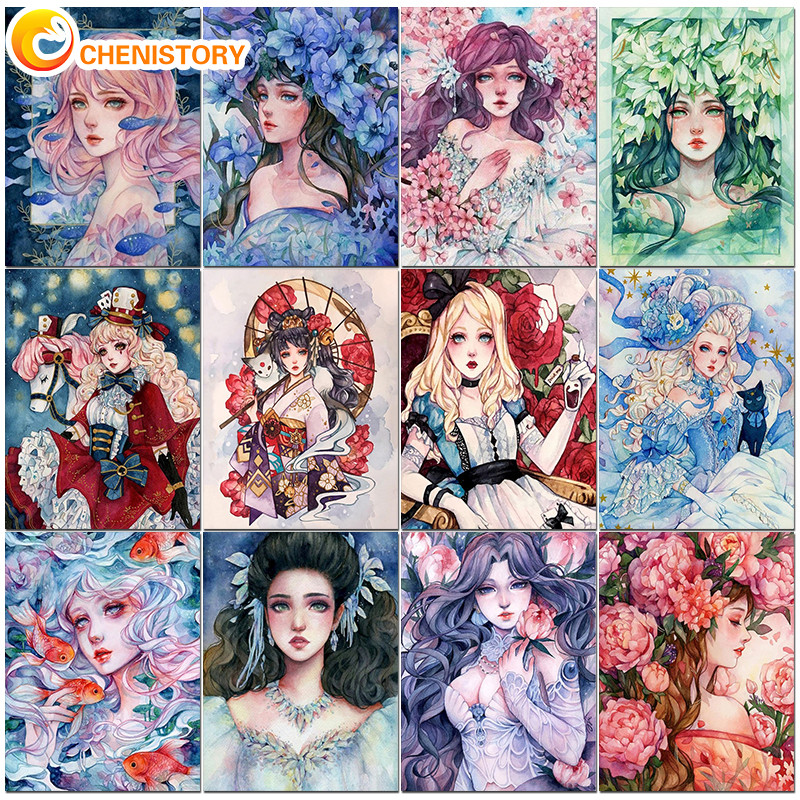 CHENISTORY Oil Painting By Numbers For Adults Cartoon Girl Flower Paint By Numbers Canvas Painting