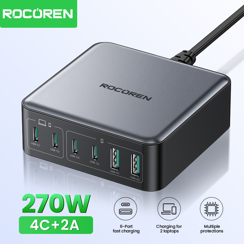 Rocoren 200W GaN Charger PD Fast Charging USB Type C Charger 270W 6 in 1 USBC Power Station For