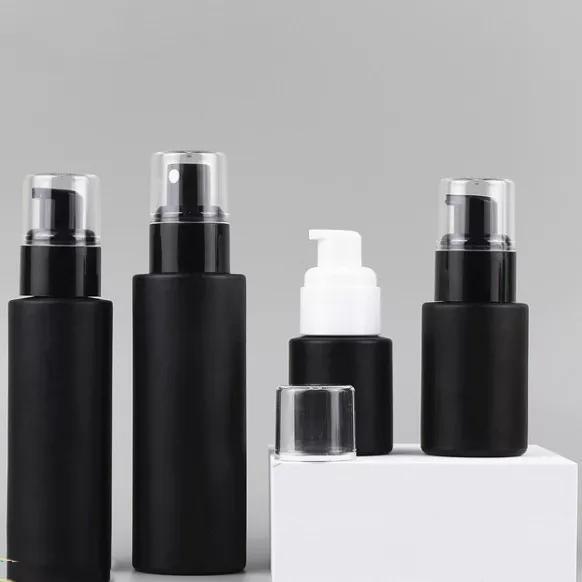 Botol Spray Kaca /Botol Pump Lotion Kaca Hitam Matte Bahu Datar100ml