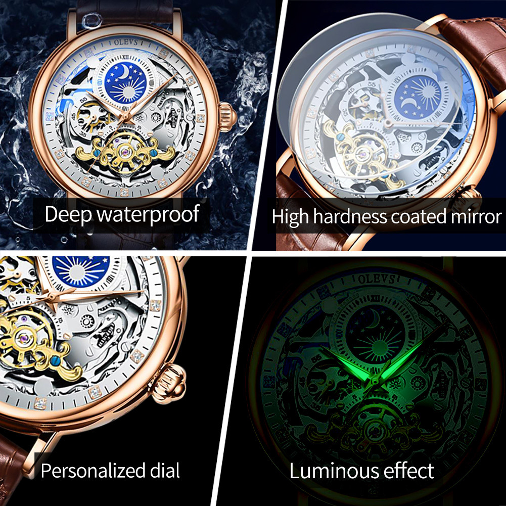 OLEVS Skeleton Watches Mechanical Automatic Watch Men Tourbillon Sport Clock Casual Business Moon