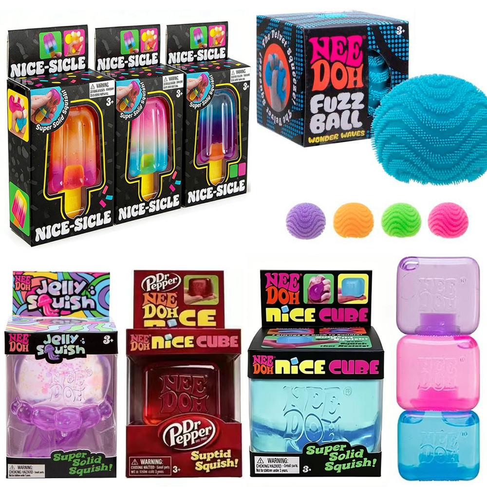 Schylling NeeDoh Complete Fidget Toy Super , Popsicle/Jellyfish/Ice Cube/Fuzz Ball SlowRebound