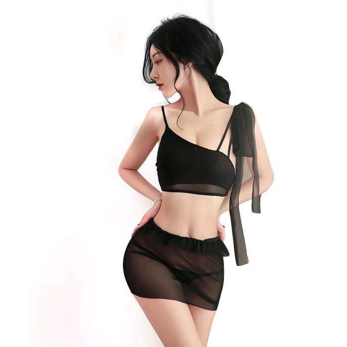 Set Pakaian Tidur Wanita Model Kemben dan Rok Mini Bahan Tile Stretch Warna Hitam