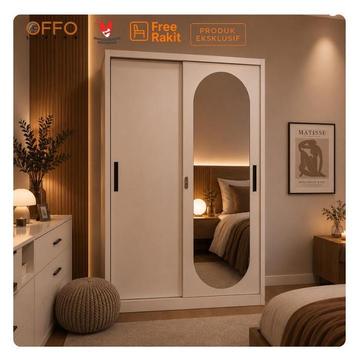 Offo Living - Lemari Pakaian Besi Sliding -  Lemari Sliding Besi 3 Pintu dengan Cermin Putih - - 2 P