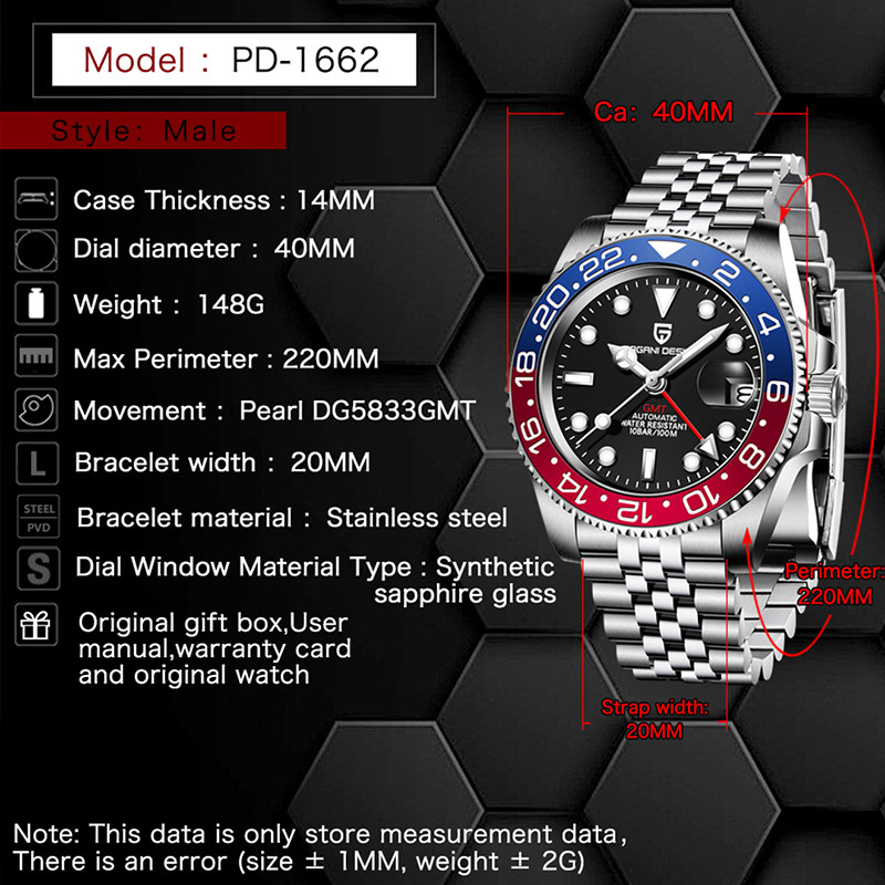 PAGANI DESIGN PD-1662 Luxury GMT Men Mechanical Wristwatch Sapphire Glass Stainless Steel 100M