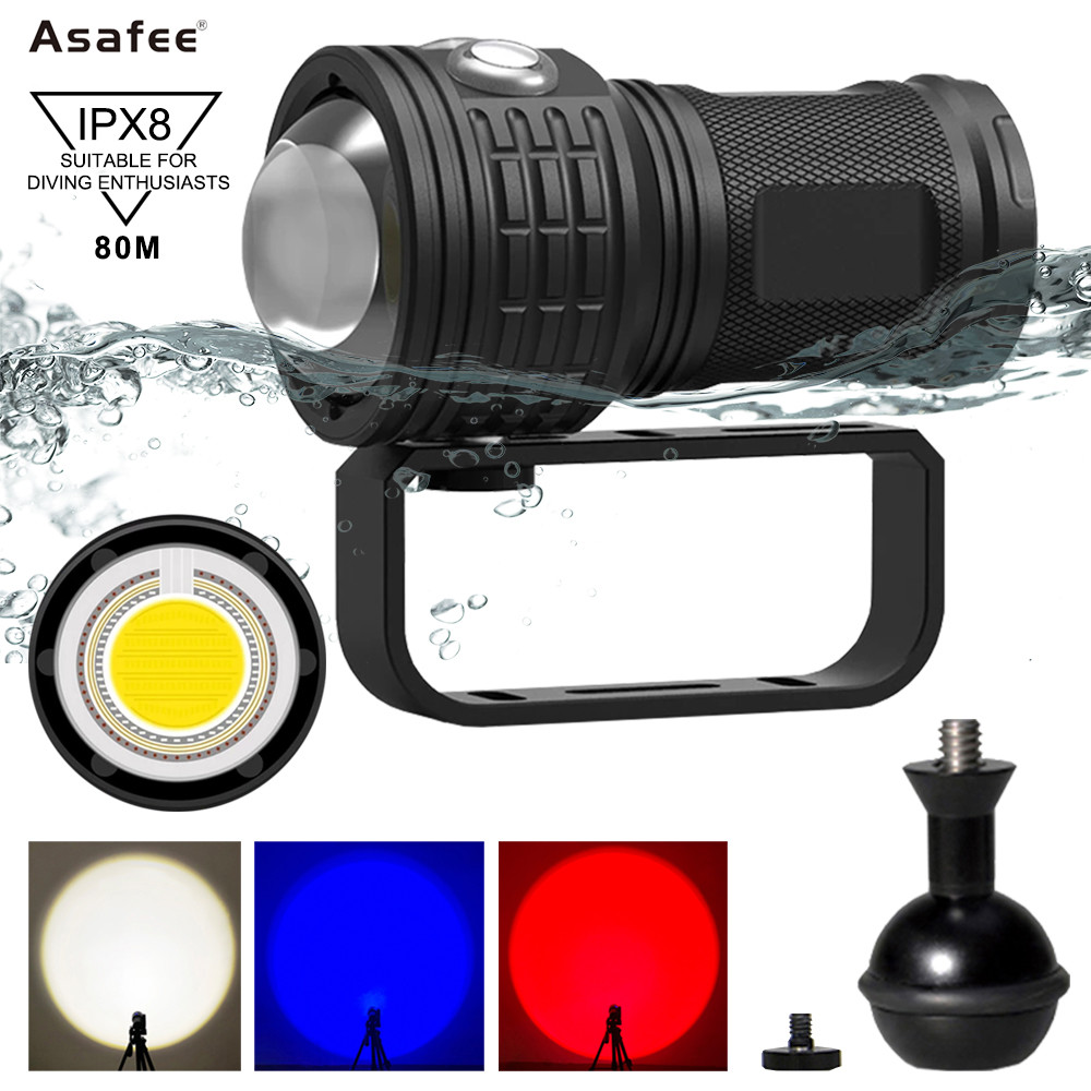 . Asafee Drc01 80M 6000Lm Underwater Diving Flashlight 500M Big Cob Red Blue Dive Light Waterproof