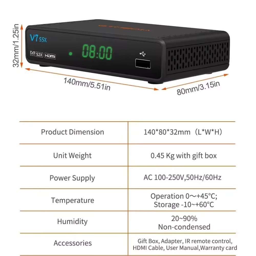 GTMEDIA V7S5X Satellite Set-top Box DVB-S2X/S2/S Full HD 1080P H.265 Decoder with USB WiFi Digital