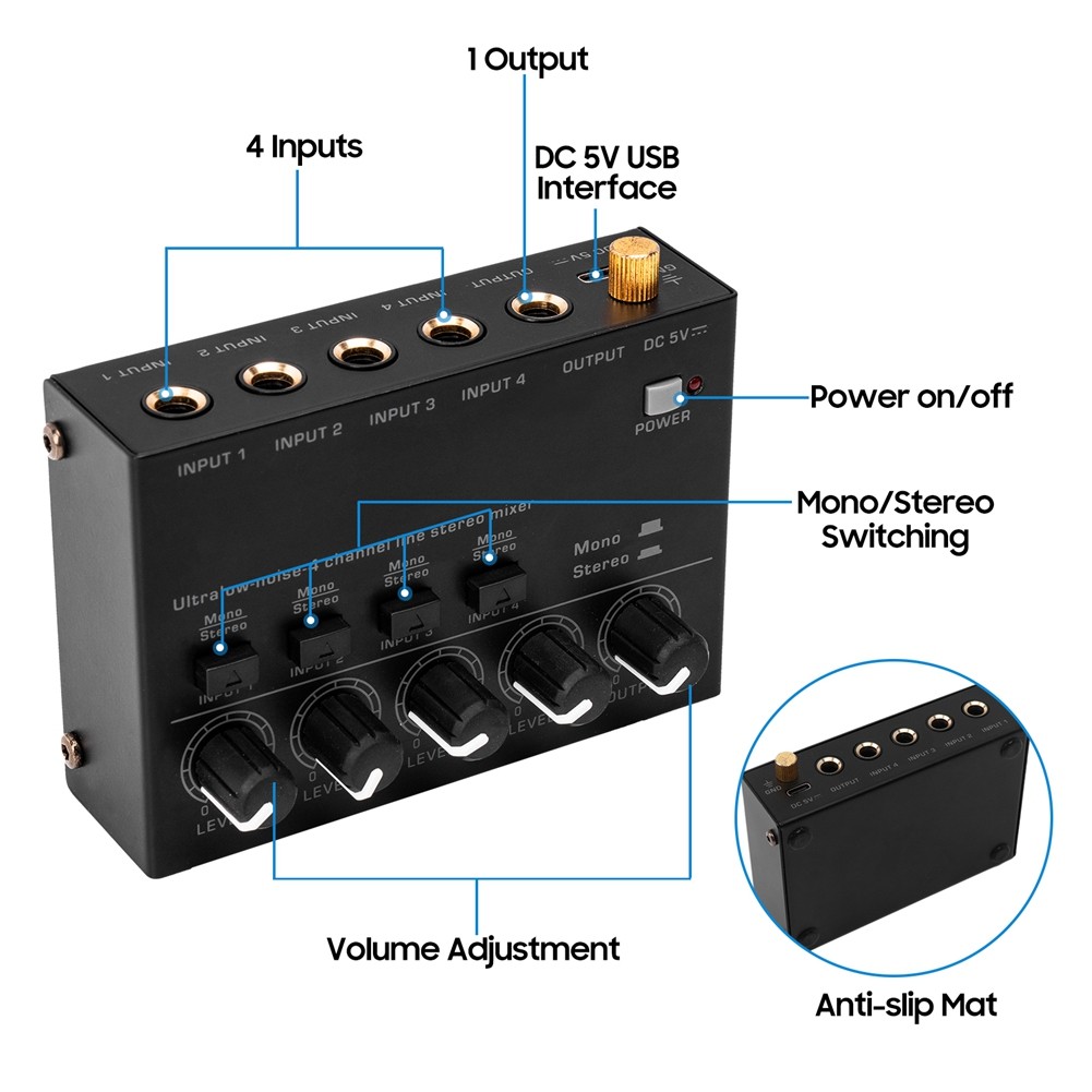 B48A Ultra Low Noise 4 Channel Line Stereo Mixer 4 Input 1 Output DC 5V Portable Mini Audio Mixer