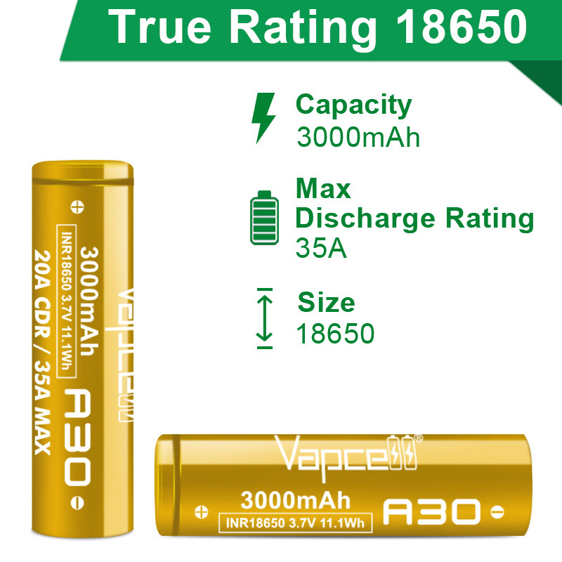 Original Vapcell A30 INR 18650 3000mah 20A/35A Battery 3.7V High Performance Cell For Battery Pack