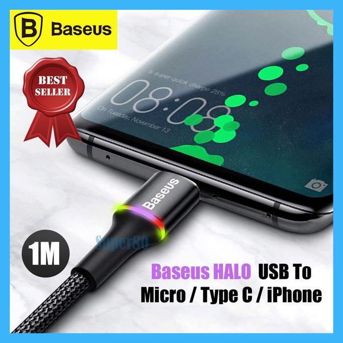 Kabel Data LED Baseus Halo USB to Micro Type C Lightning iPhone CableFast Charging PD