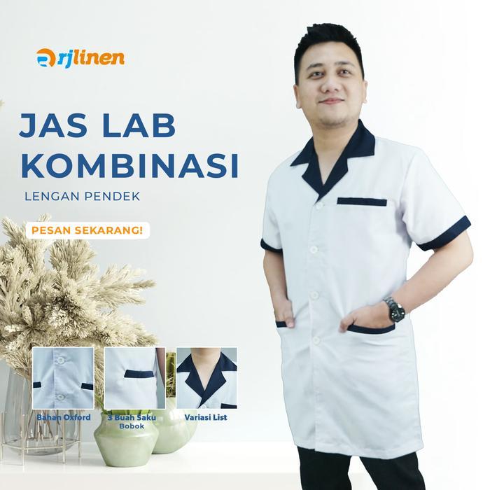 Jas laboratorium lengan pendek kombinasi warna putih list navy ukuran S