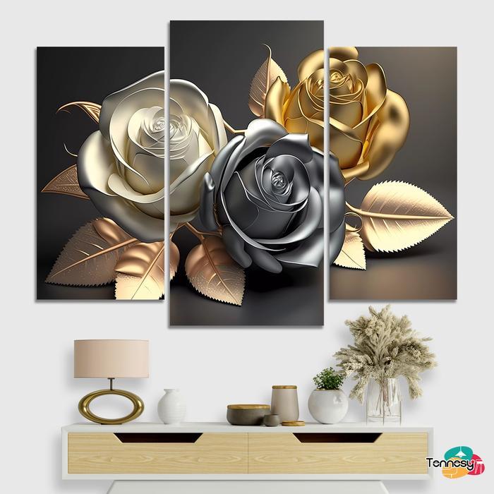TERLENGKAP TENNESY Hiasan Dinding 1 Set Bunga Floral Gold and Silver lukisan Flowers Bingkai Foto